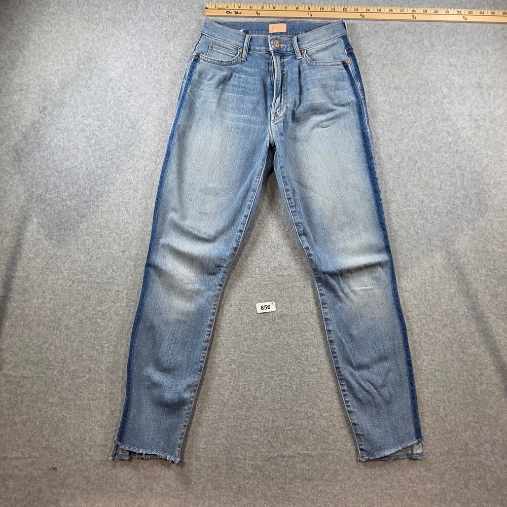 Mother High Waisted Skinny Jeans Blue Light Wash Side Stripe Raw Hem Size 25